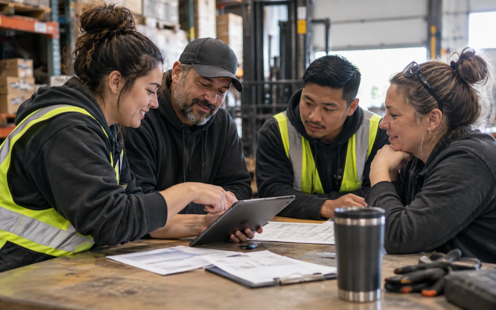 Warehouse team reviewing the day together around a workbench